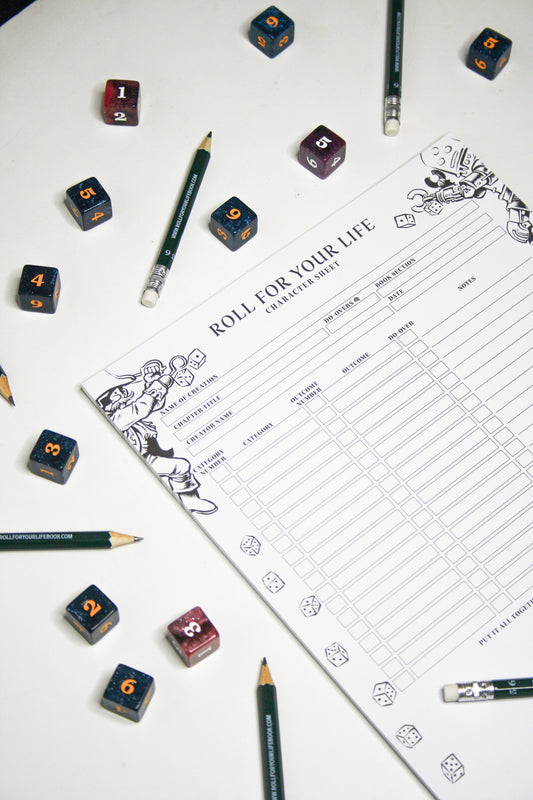 Roll for Your Life character sheet with dice and pencils on a white surface